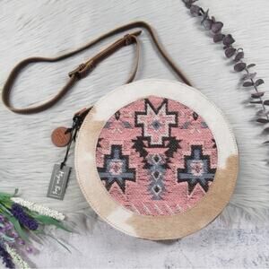 MYRA Round Leather Boho Canteen Purse Tribal Hairon Calf-Hair Crossbody Bag